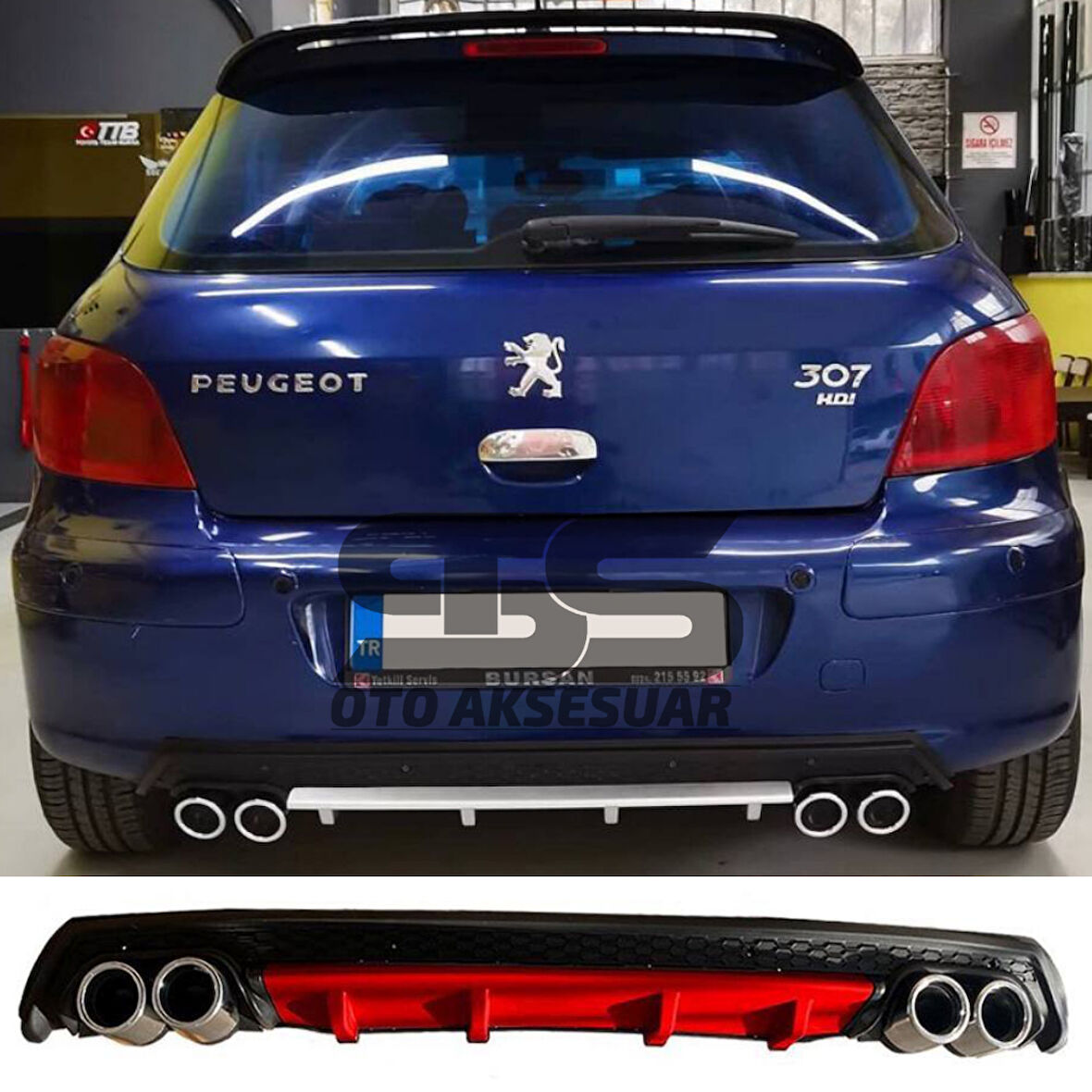 Peugeot 307 Difüzör Arka Tampon Eki 4 Egzoz Çıkışlı Kırmızı Lüx Tip