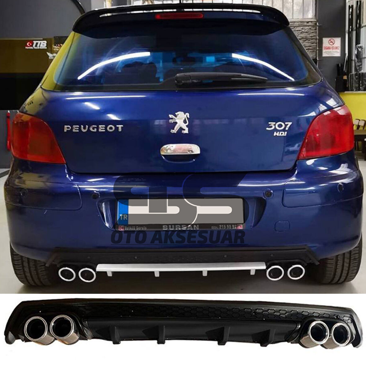 Peugeot 307 Difüzör Arka Tampon Eki 4 Egzoz Çıkışlı Siyah Lüx Tip