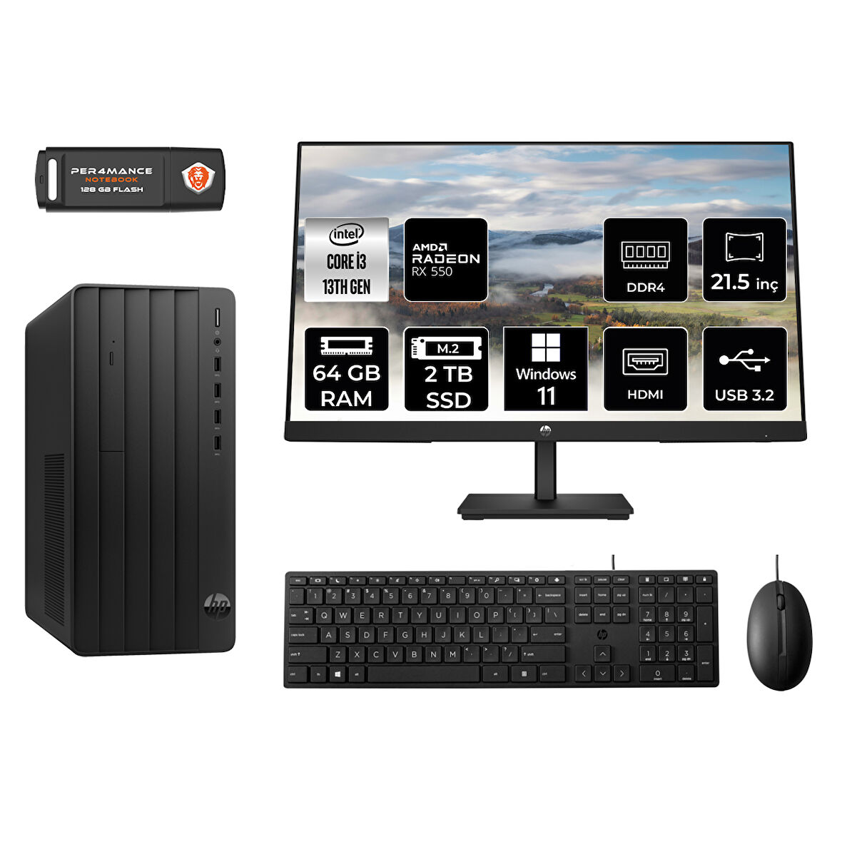 HP PRO TOWER 290 G9 MX0ESD249 i3 13100 64GB RAM 2TB SSD RX550 4GB 21.5" W11H MASAÜSTÜ PC
