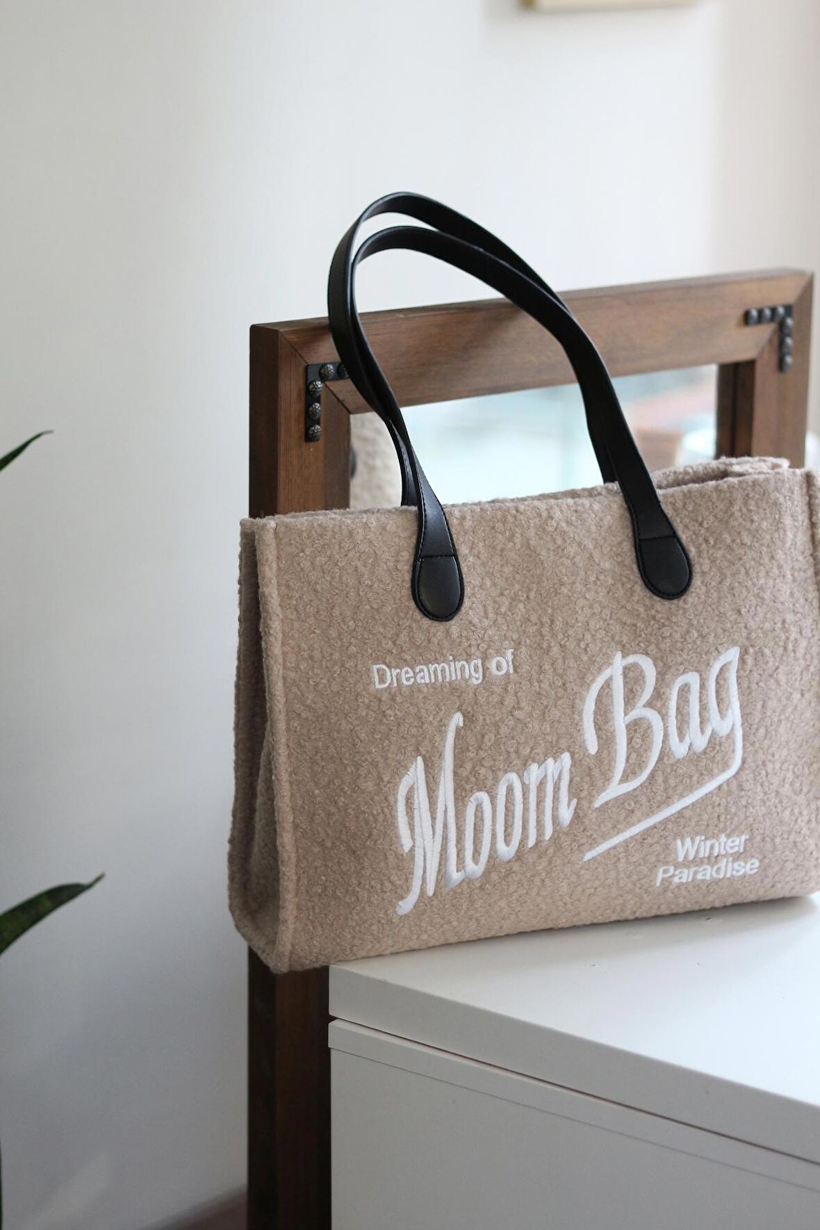 Kadın Krem Peluş Çift Askılı Büyük Tote