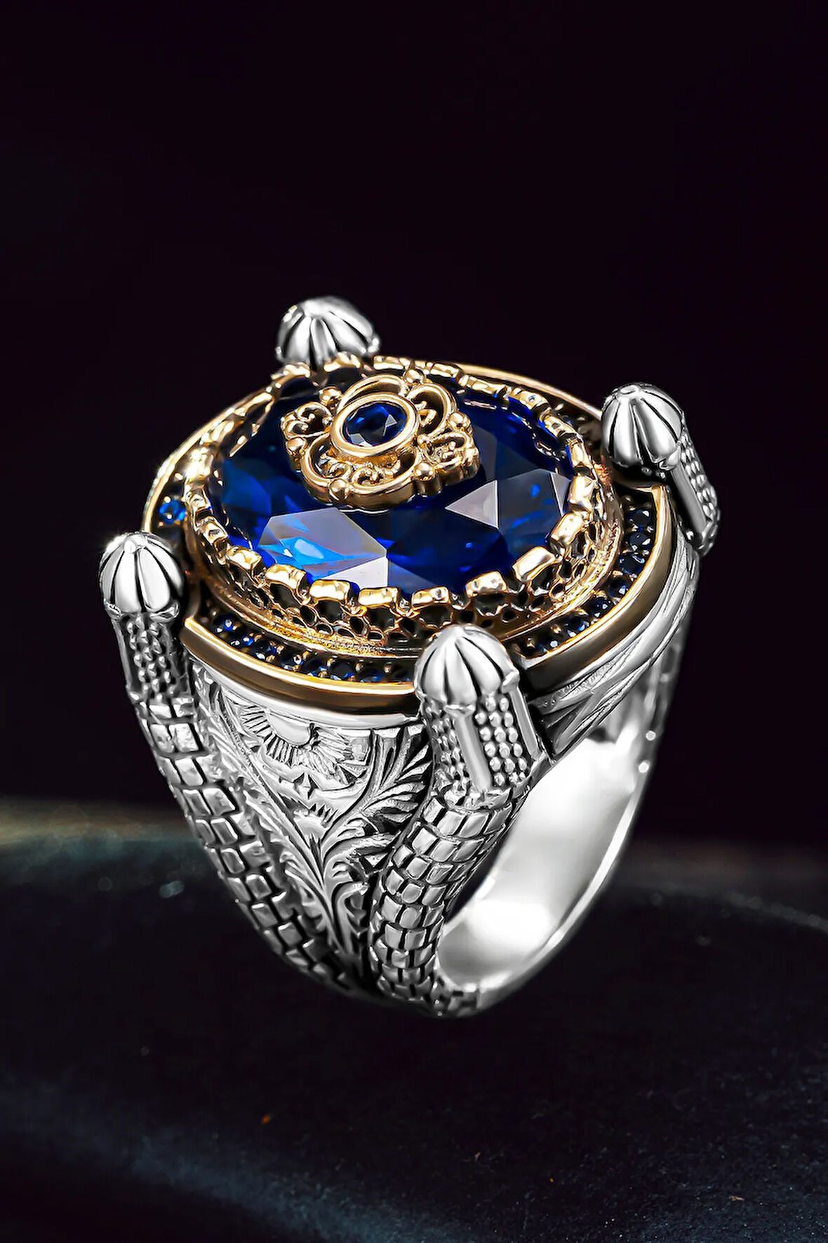 Erkek Gümüş Yüzük - Kubbe Tasarım Faset Kesim Aqua Mavi Zirkon Taşlı Erkek Yüzük