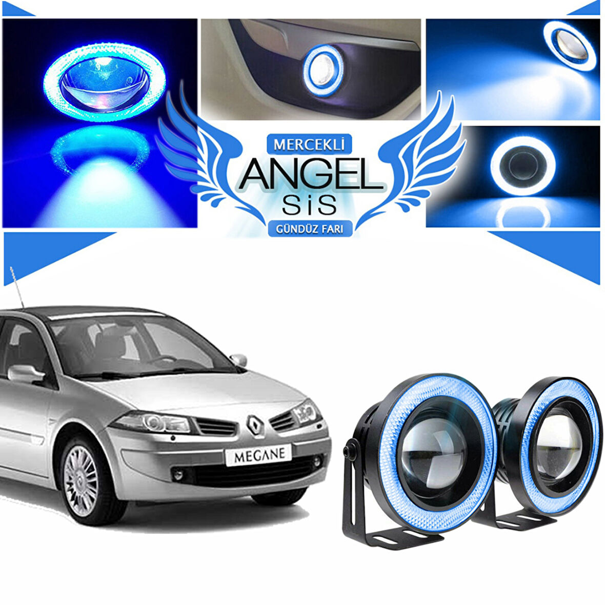 Renault Megane 2 Uyumlu, Universal Mercekli Led Angel Sis Farı, 76mm Buz Mavi Renk