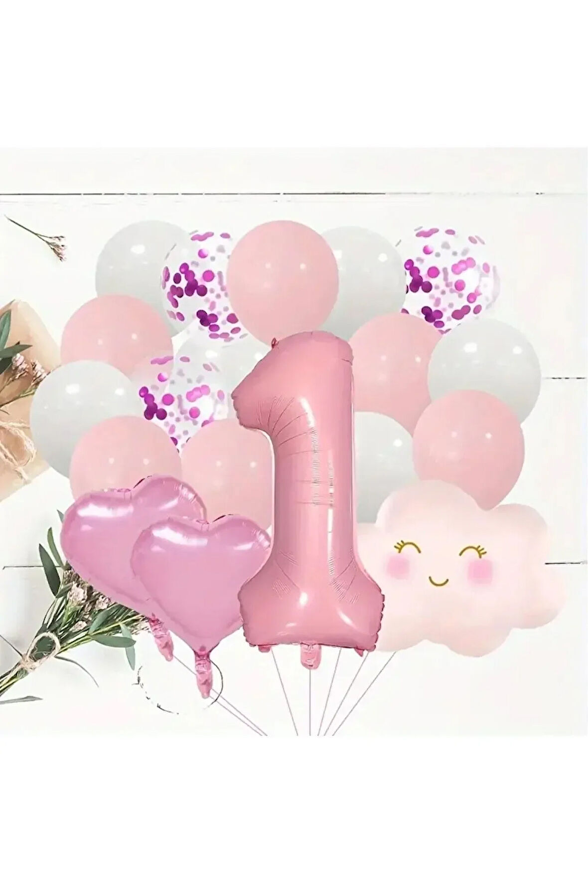 Pembe Rakam Yaş Folyo Balonlu Pembe Bulut Folyolu Doğum Günü Parti Seti Süsü