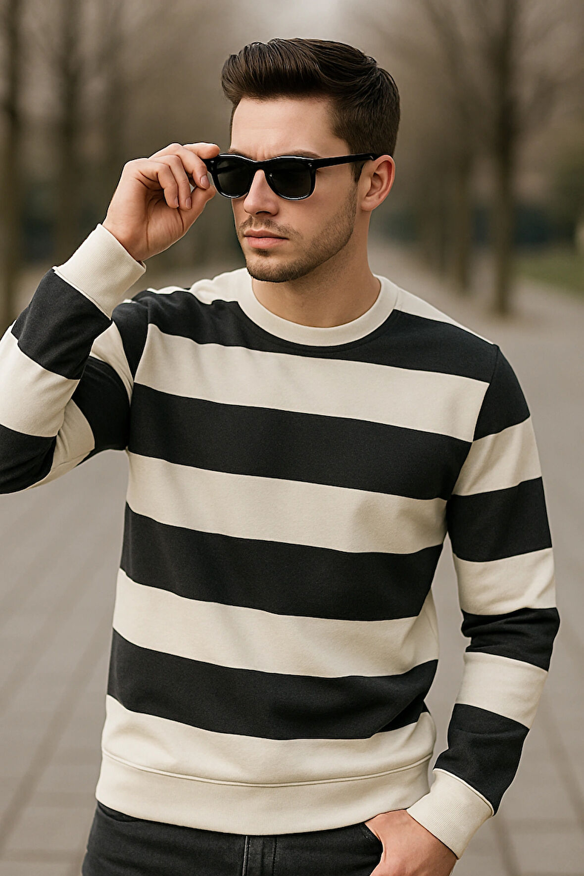 Çizgili Bisiklet Yaka Sweatshirt Yumuşak Pamuklu Kumaş Rahat Casual Kombinler İçin Modern Stil