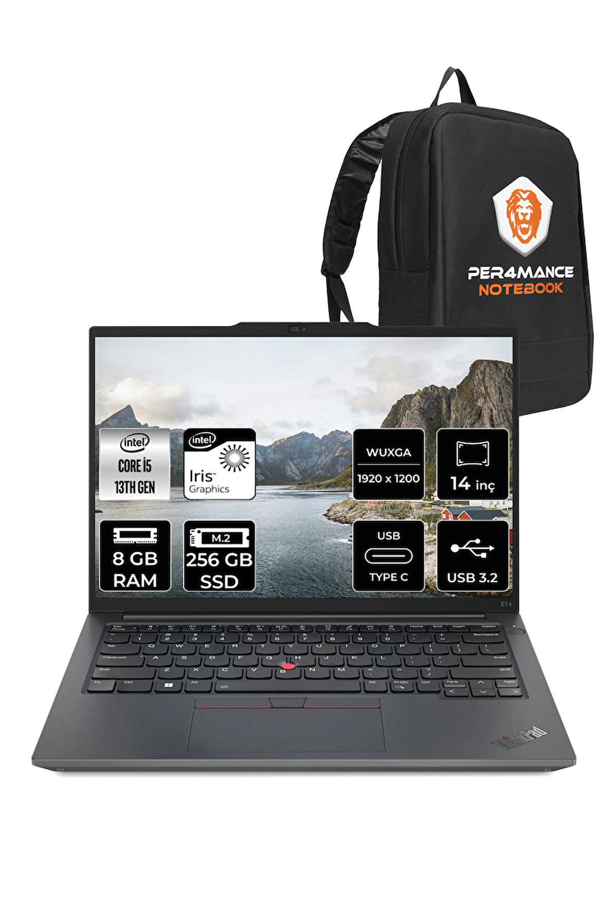 Lenovo ThinkPad E14 G5 i5 13420H 8GB 256GB SSD WUXGA 14'' FDOS Dizüstü Bilgisayar & PER4 ÇANTA
