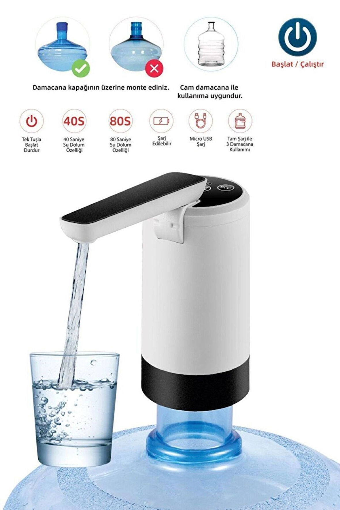  Zaman Ayarlı Şarjlı Katlanır Damacana Su Pompası Şarjlı