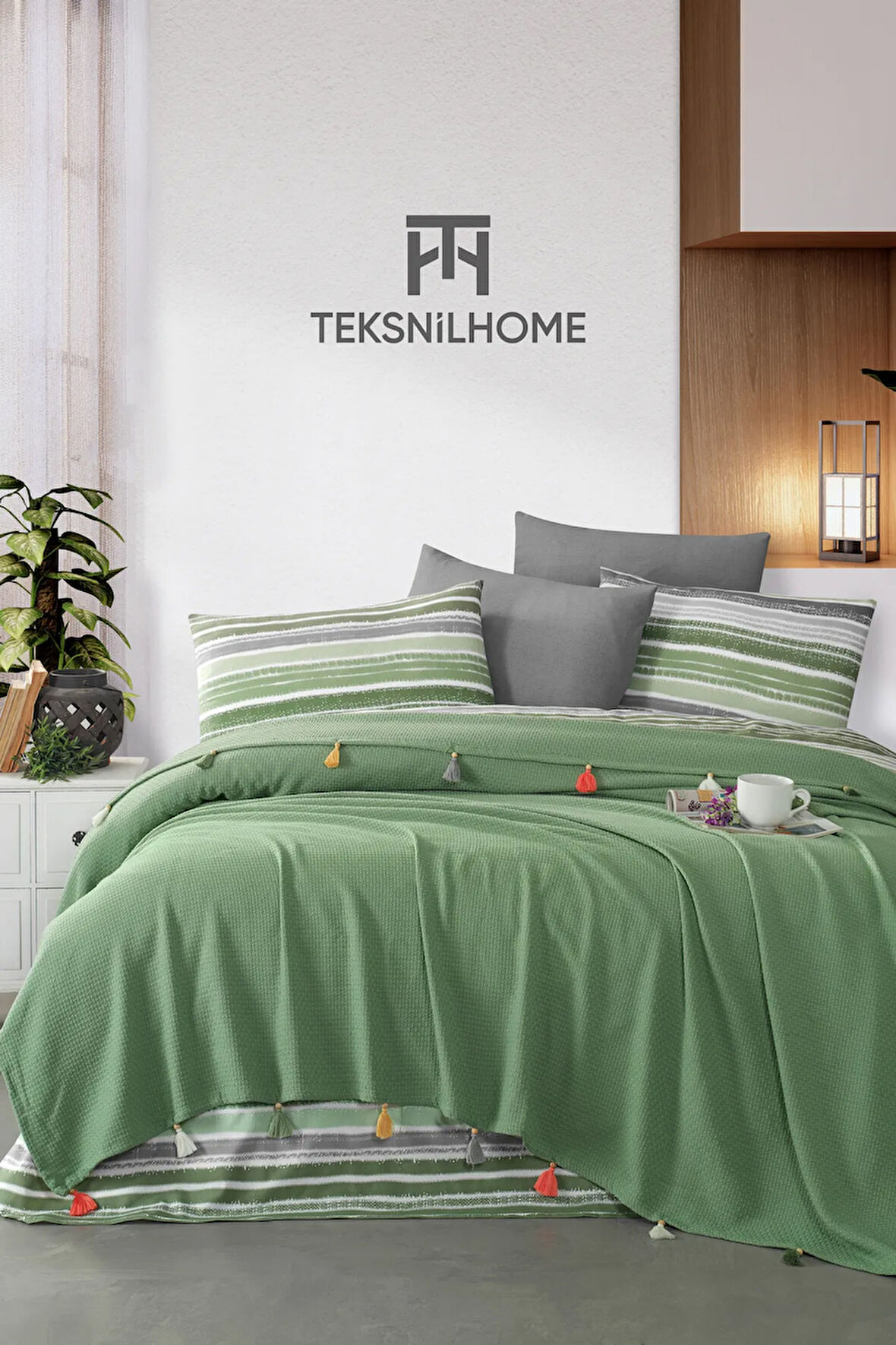 %100 Pamuklu Valeria Tassel Çift Kişilik Püsküllü Yeşil Pike Takımı(ÇARŞAF,PİKE,YASTIK KILIFI)
