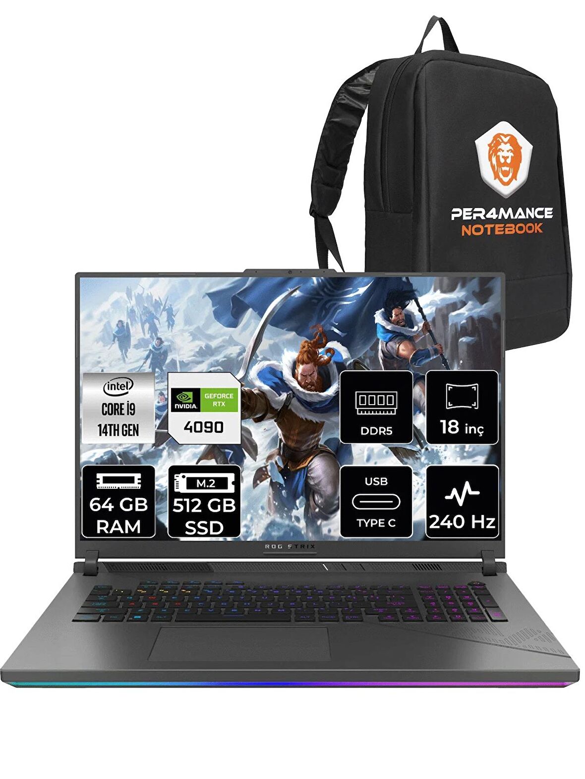 ASUS ROG Strix G18 i9-14900HX 64GB 512GB SSD RTX4090/16GB 240Hz 18" WQXGA FDOS N6100 & PER4 ÇANTA