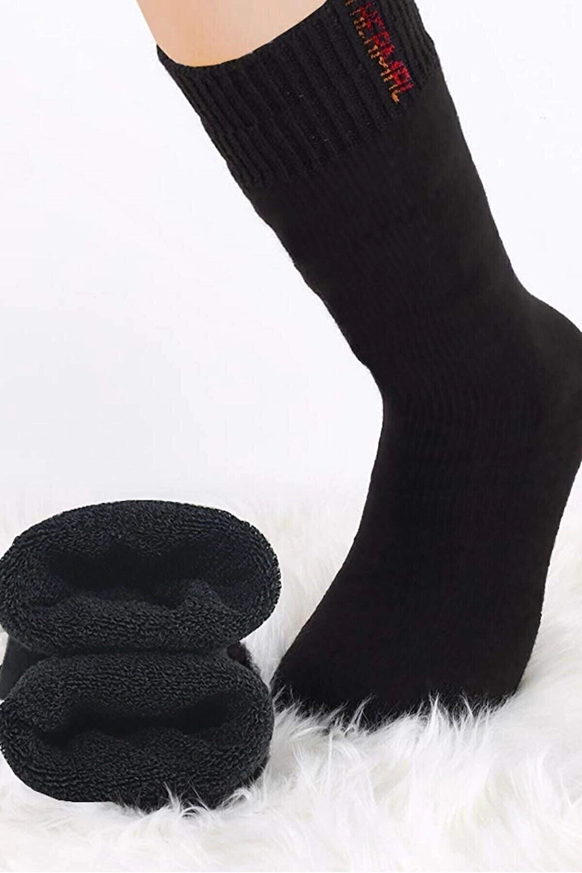 biçomi Siyah Termal Kalın Kışlık Havlu Çorap Erkek Kadın Unisex Pamuk