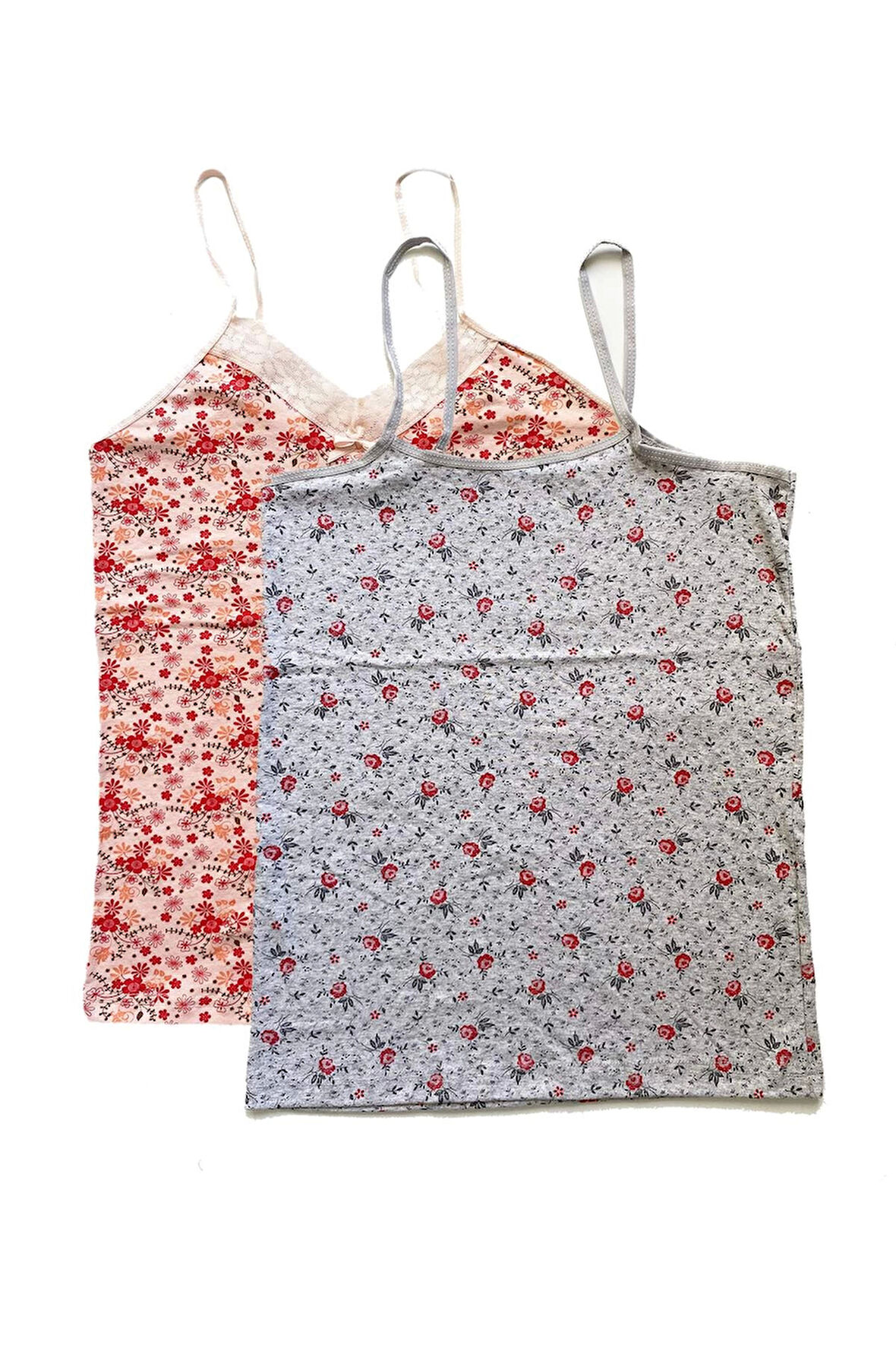 biçomi 2 Adet Kadın Askılı Desenli Atlet Dantelli Empirme Pamuklu Penye D1-2