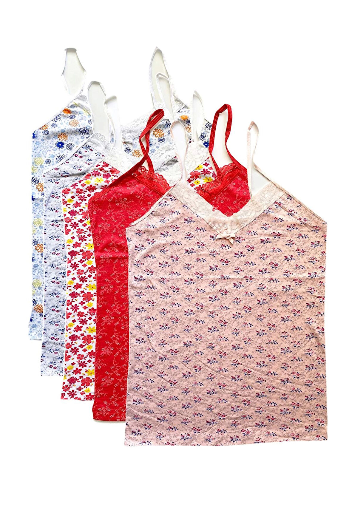 biçomi 5 Adet Kadın Askılı Desenli Atlet Dantelli Empirme Pamuklu Penye D6-10