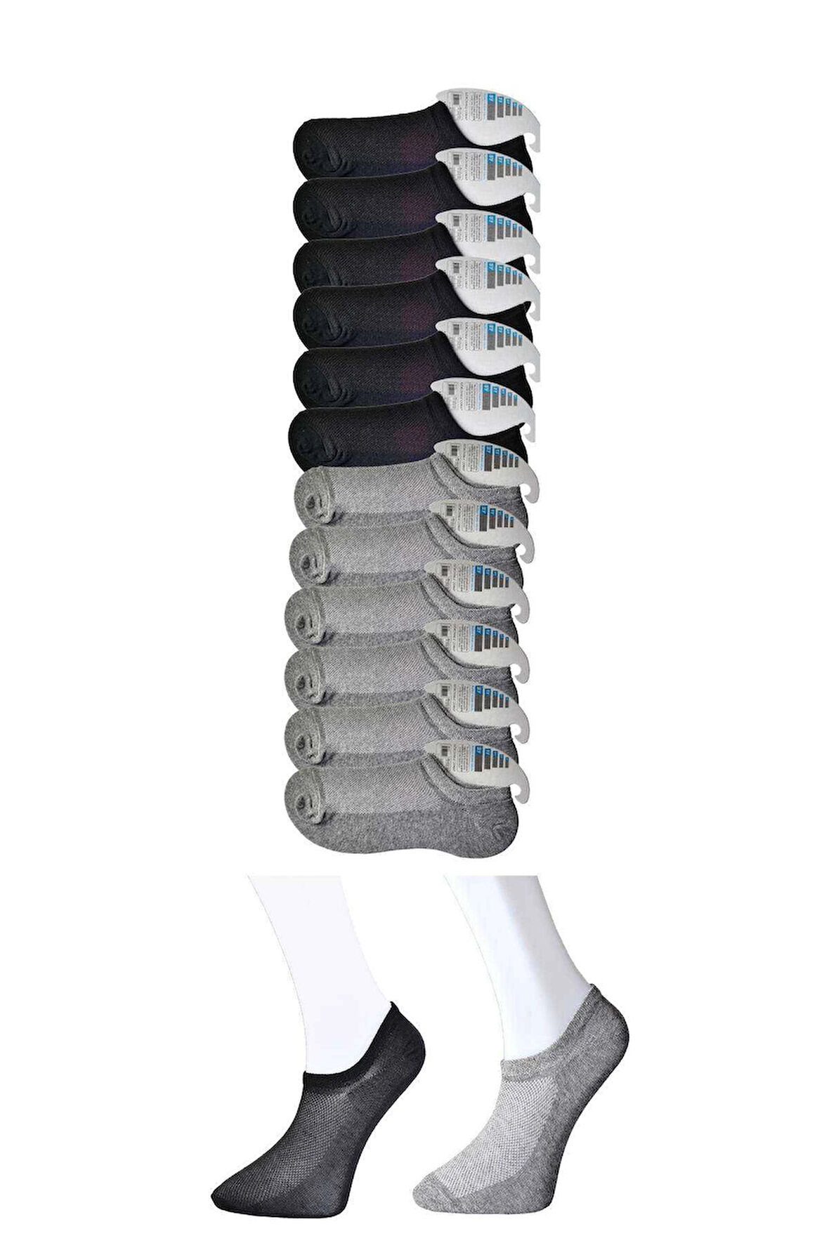 biçomi Siyah ve Gri Erkek Görünmez Çorap 12 çift