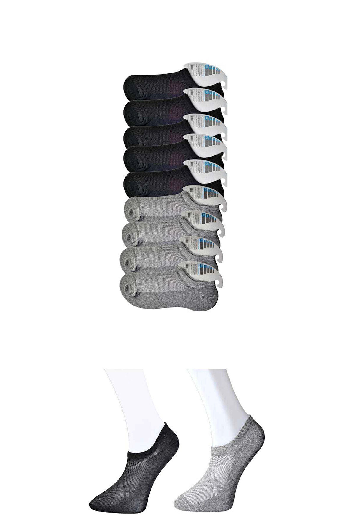 biçomi Siyah ve Gri Erkek Görünmez Çorap 9 çift