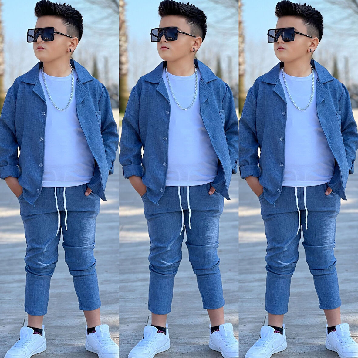 MODAVALS KOL KATLAMALI KETEN GÖMLEK & BELİ LASTİKLİ KETEN PANTOLON & PAMUKLU TSHIRT & ZİNCİR AKSESUAR 4LÜ KETEN ERKEK ÇOCUK TAKIM