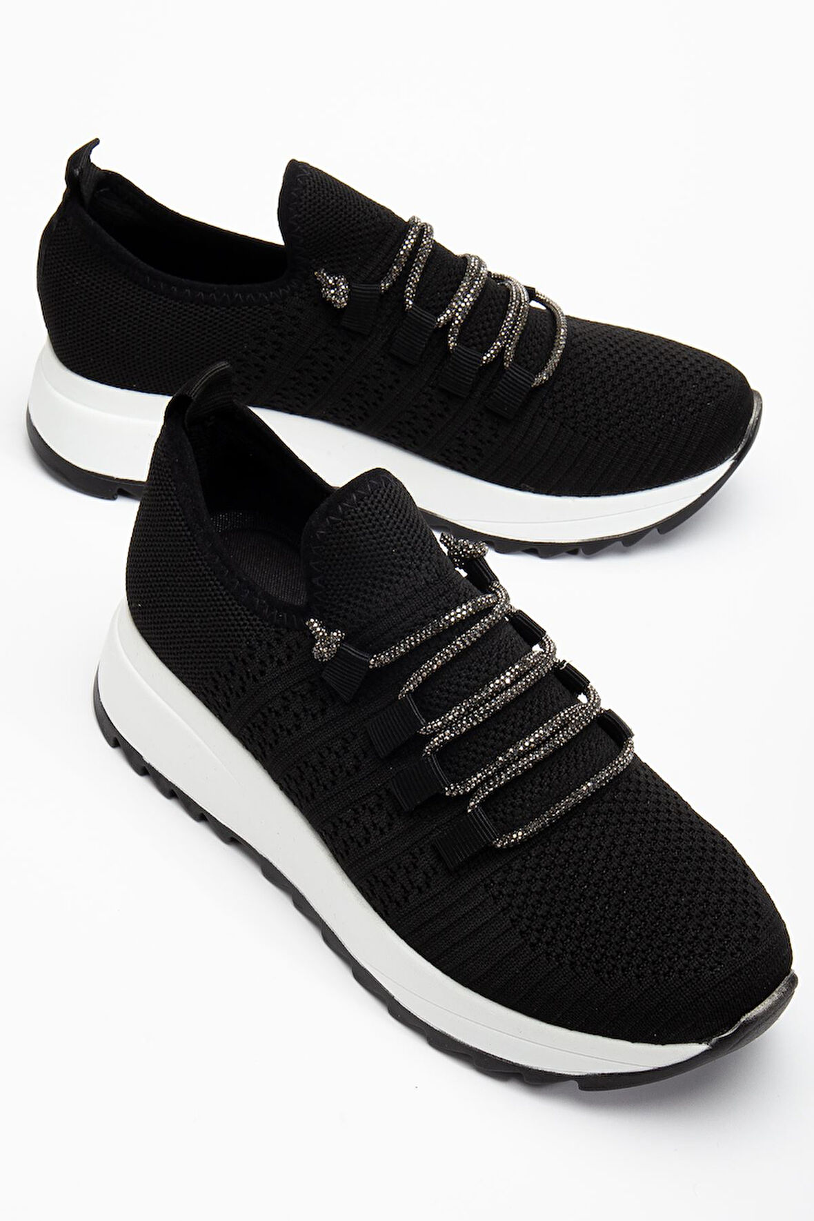 Paris Siyah Triko Bağcıklı Taşlı Rahat Kalıp Sneaker 