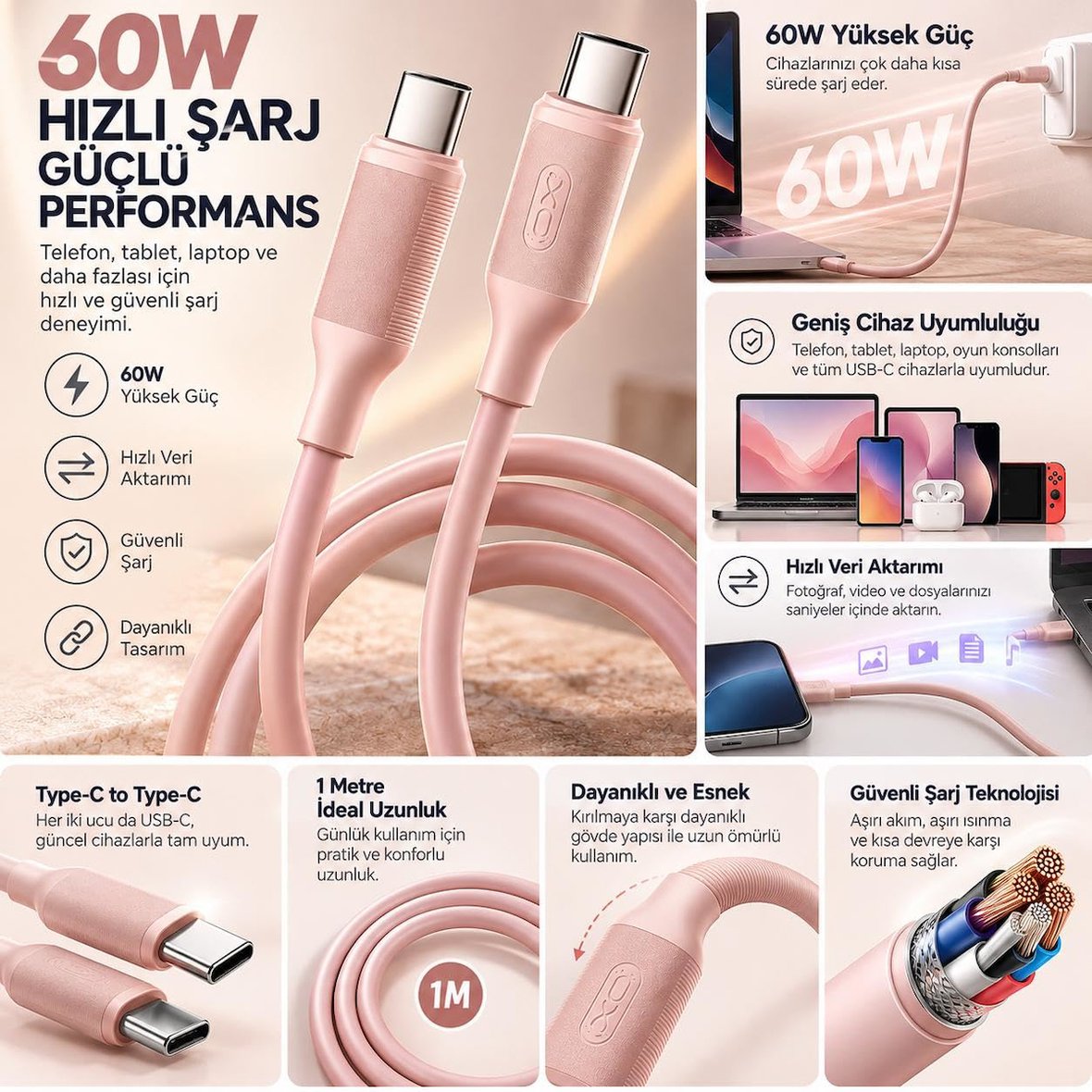 60W USB Type-C to Type-C Hızlı Şarj Kablosu, Premium Dokulu Silikon, 1M