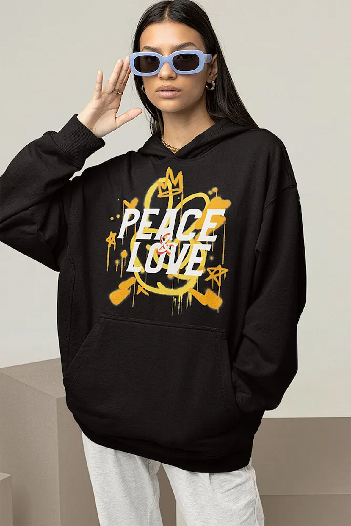 Peace Love Yazılı Unisex Oversize Hoodie