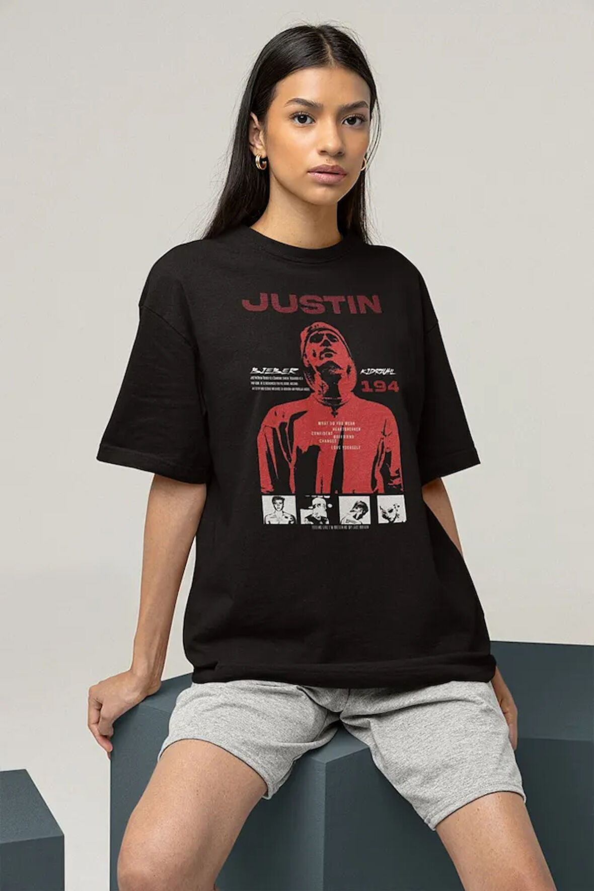 Tasarım Şarkıcı Justin Bieber Baskılı Unisex Oversize Tişört