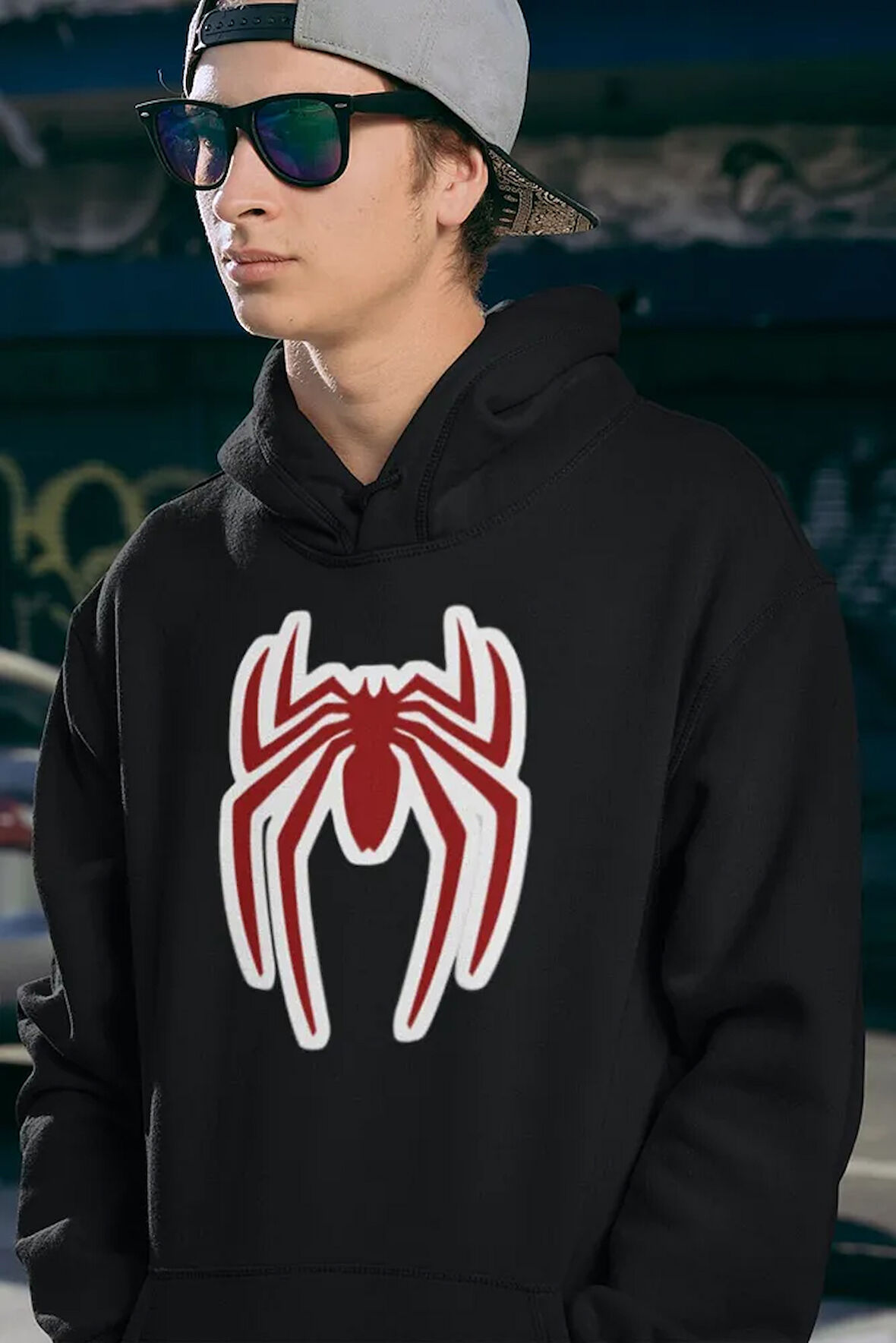 Örümcek Adam Logo Baskılı Unisex Oversize Hoodie