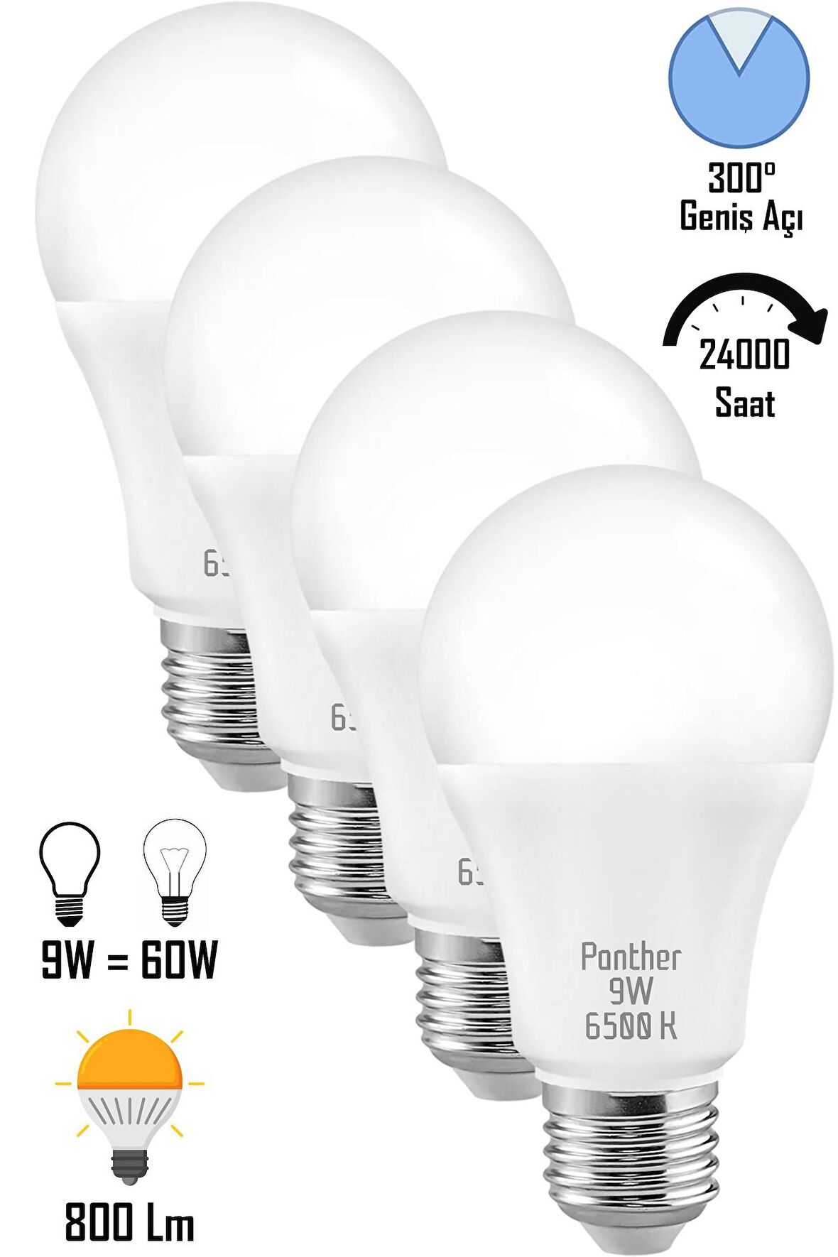 4 ADET 9W Beyaz LED E27 Ampul Tasarruflu Lamba 6500 K Beyaz Işık 800 Lümen 9W=60W