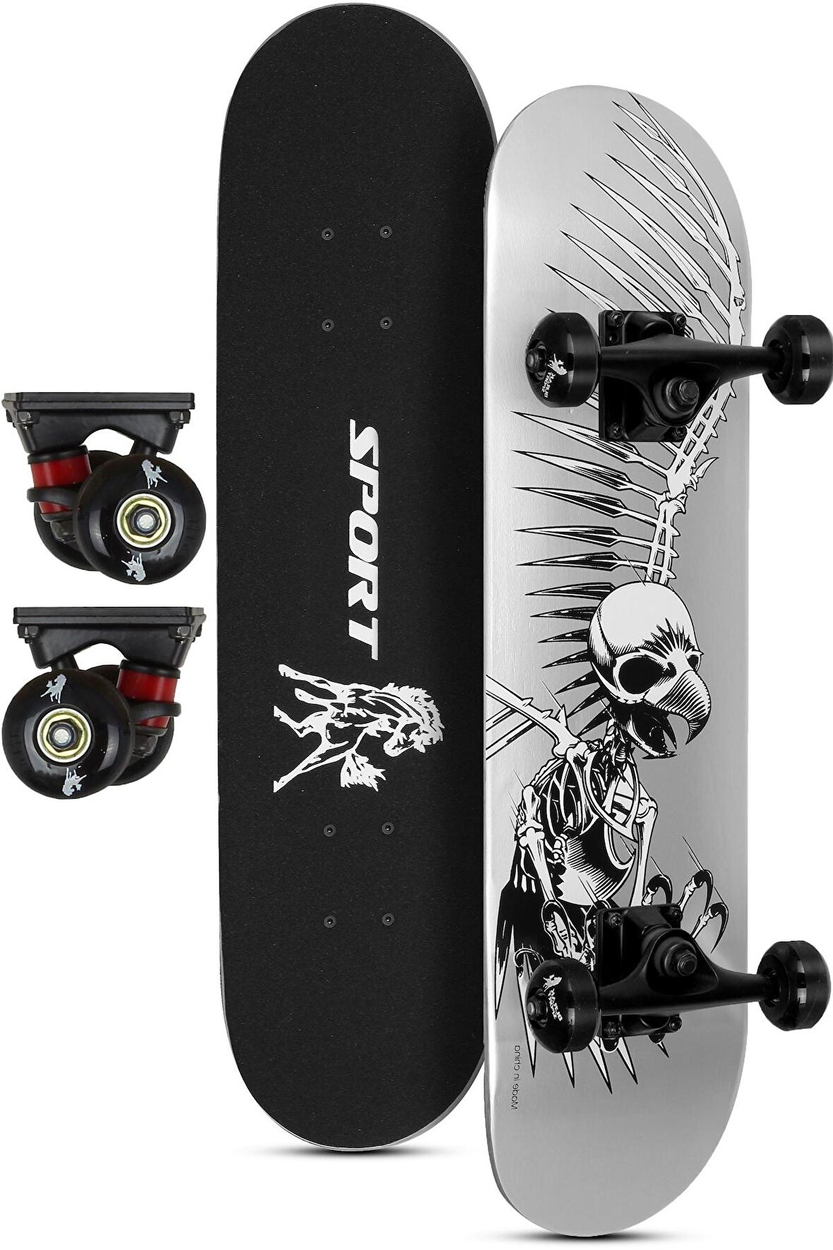 Kemik Teker Kaykay Semi-PRO 8 Katman Yüzey Zımparalı Kaymaz Skateboard 80 cm Kuru Kafa GRİ