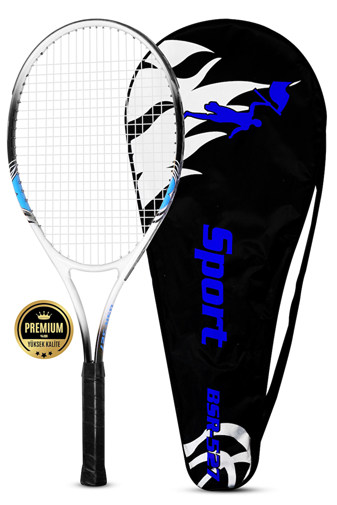 Deluxe 27 İnç Tenis Raketi Çantalı Yetişkin Tennis Racket L2 Grip 68 cm Mavi 527