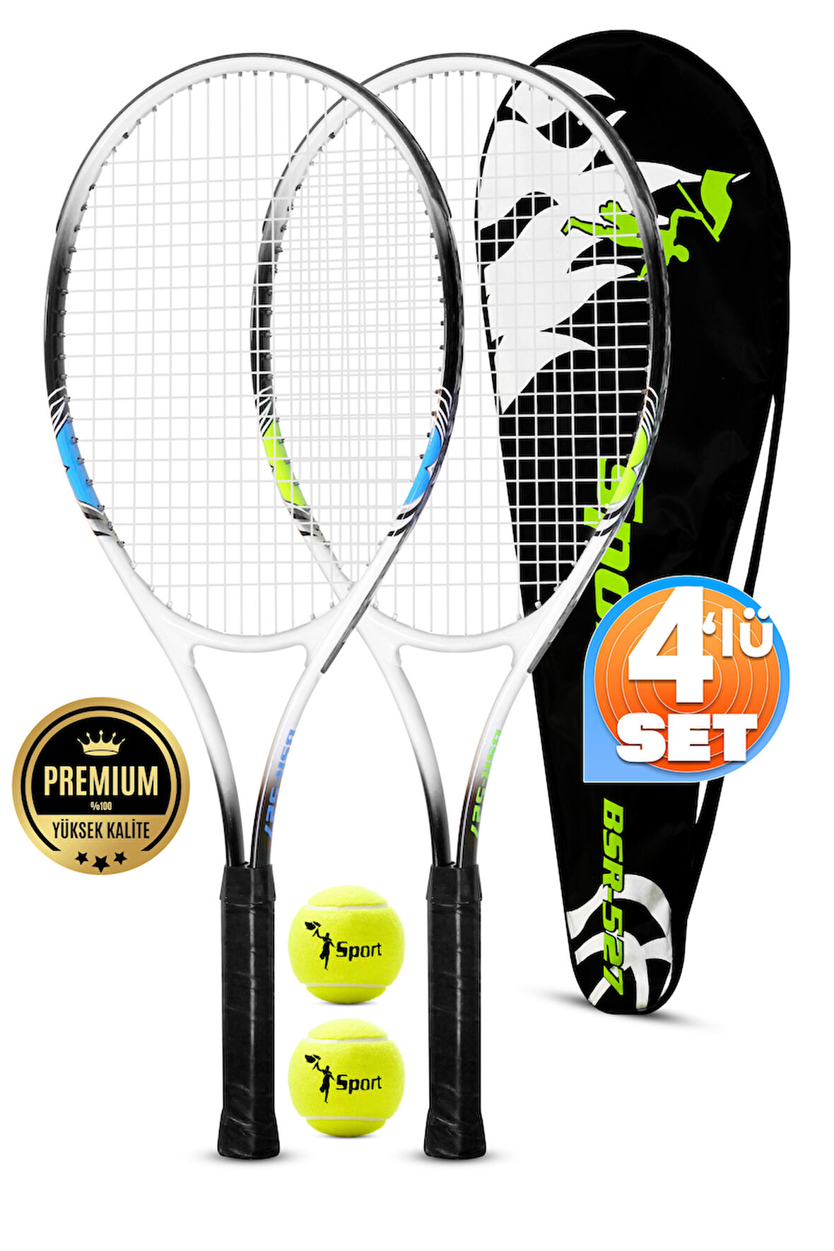 4lü SET Deluxe 27 İnç 2 Tenis Raketi Seti 2 Top Çantalı Yetişkin Tennis Racket L2 Grip 68 cm 527