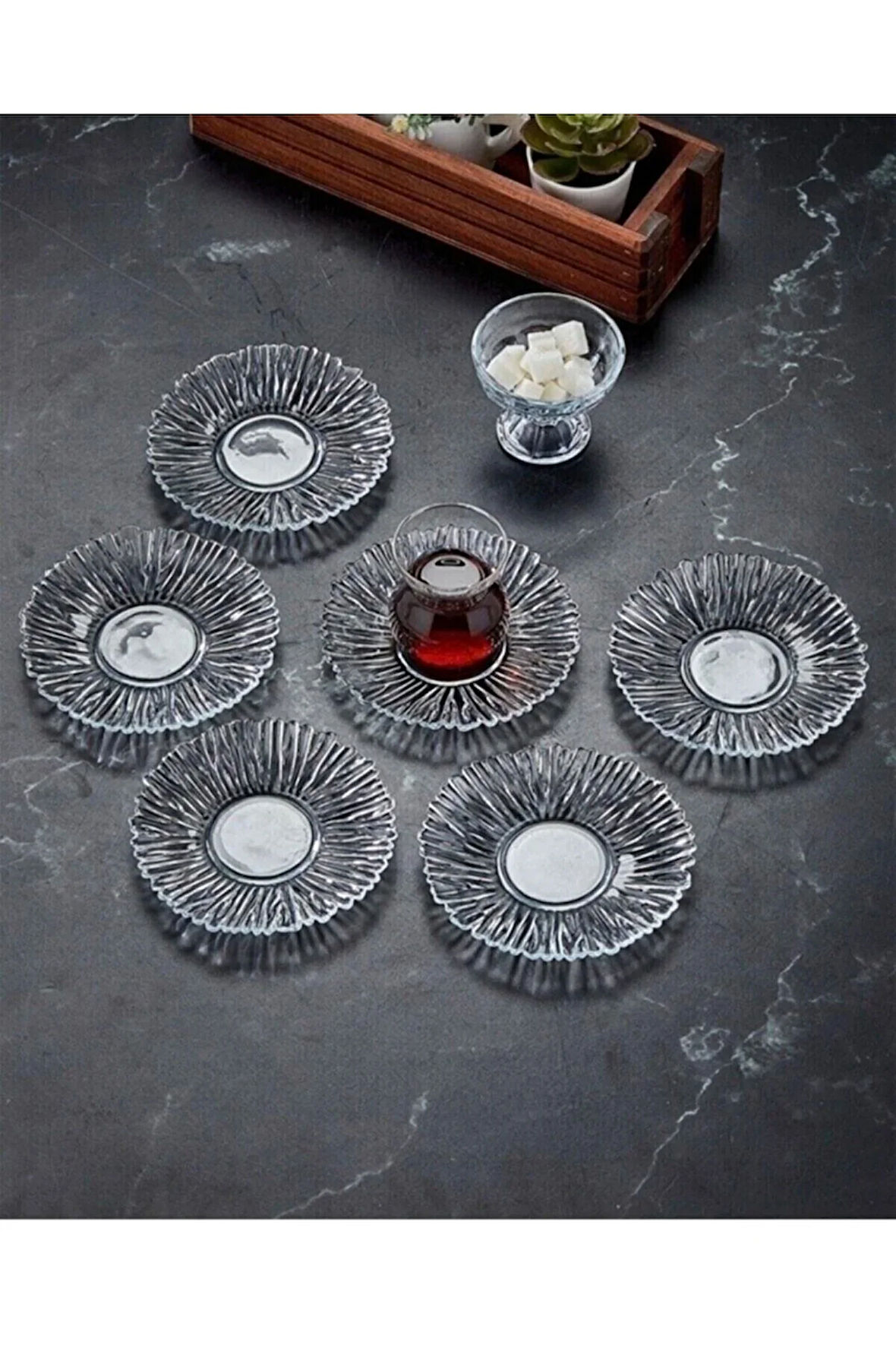 Diamond Özel Desen 6'lı Çay Tabağı 14cm, Dekoratif Desen Kristal 6'lı Çay Tabağı Çerez Tabağı