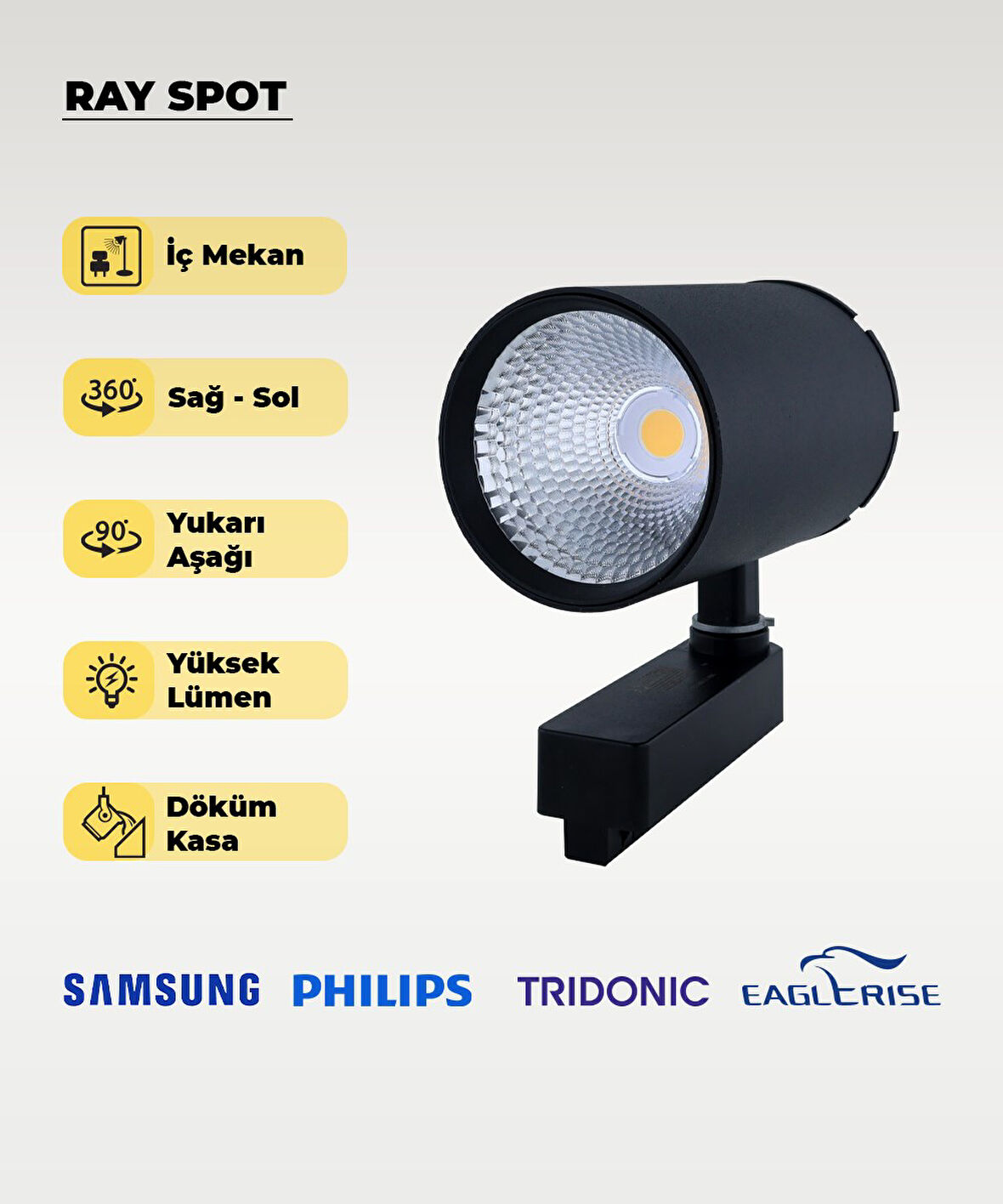 40W Döküm Kasa Siyah Ray Spot 6500K (Beyaz Işık) - Titreşim Yapmaz