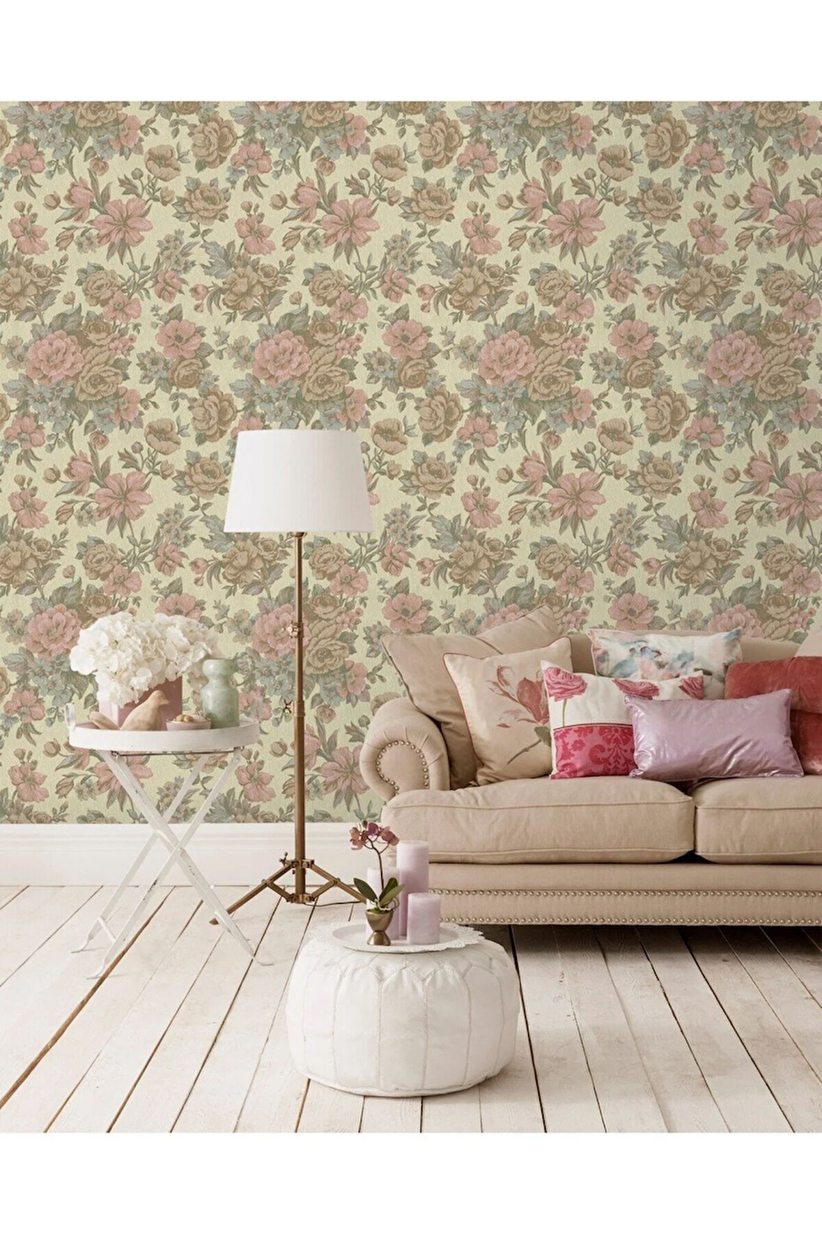 Çiçek Açan Güller ve Çiçek Desenli Duvar Kağıdı, Bej, Açık, Pembe - Ephes 5806-2, 10,60 M²