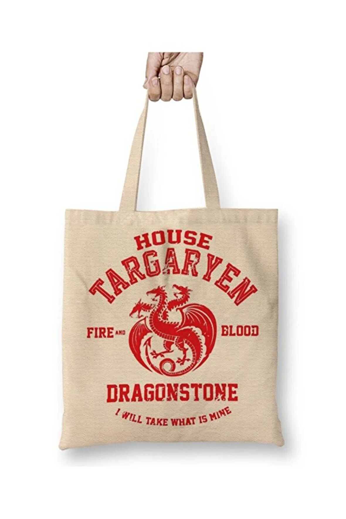 Game Of Thrones House Targaryen Beyaz Bez Çanta Uzun Saplı Alışveriş Çantası Plaj Çantası