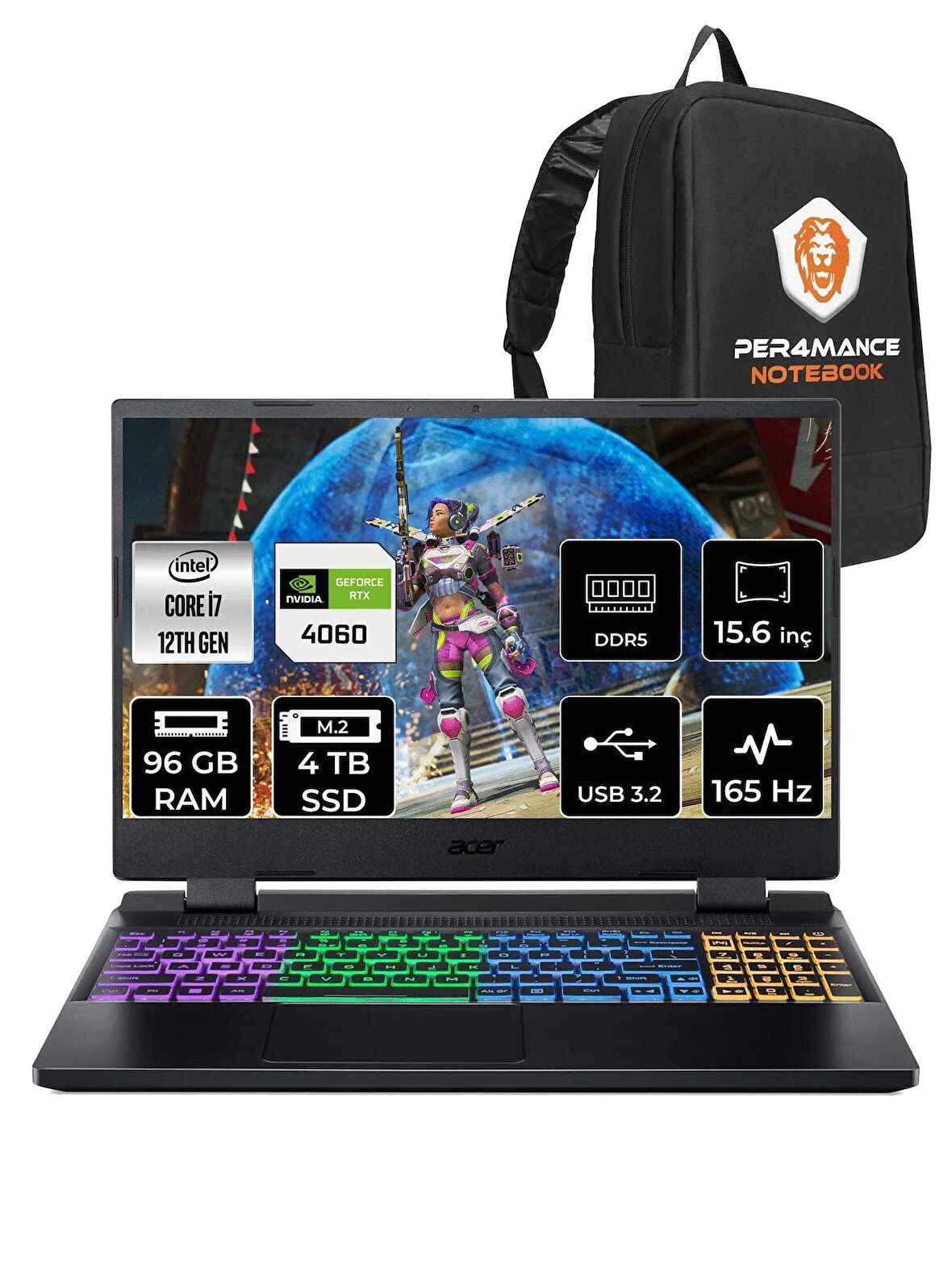 ACER Nitro 5 i7 12700H 96GB 4TB SSD RTX4060/8GB 165HZ 15.6" FHD FDOS NH.QM0EY.002 & PER4 ÇANTA
