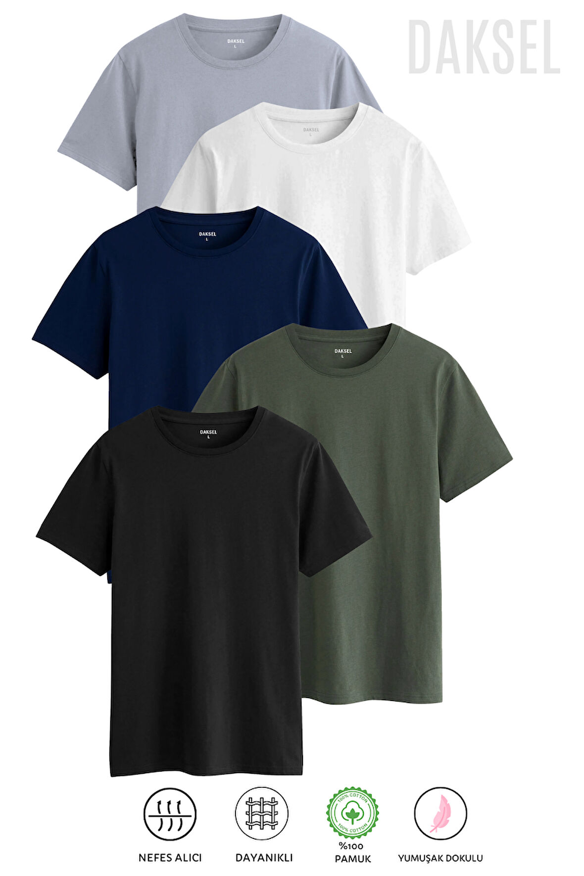 Erkek Siyah Beyaz Lacivert Haki Gri %100 Pamuk'lu 5'li Relax Fit Kesim Daksel Tişört Paketi