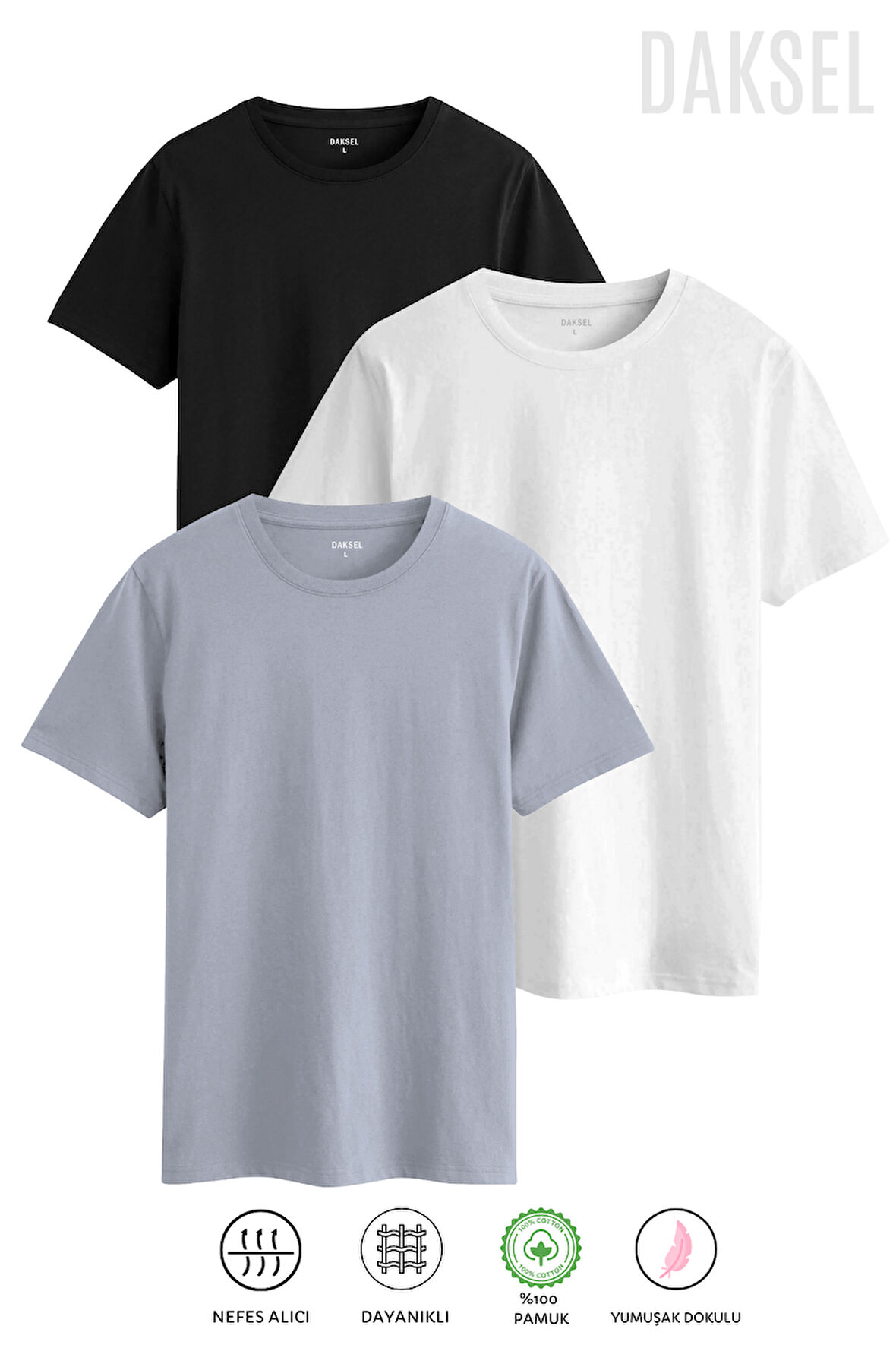 Erkek Siyah Gri Beyaz %100 Pamuk'lu 3'lü Relax Fit Kesim Daksel Tişört Paketi