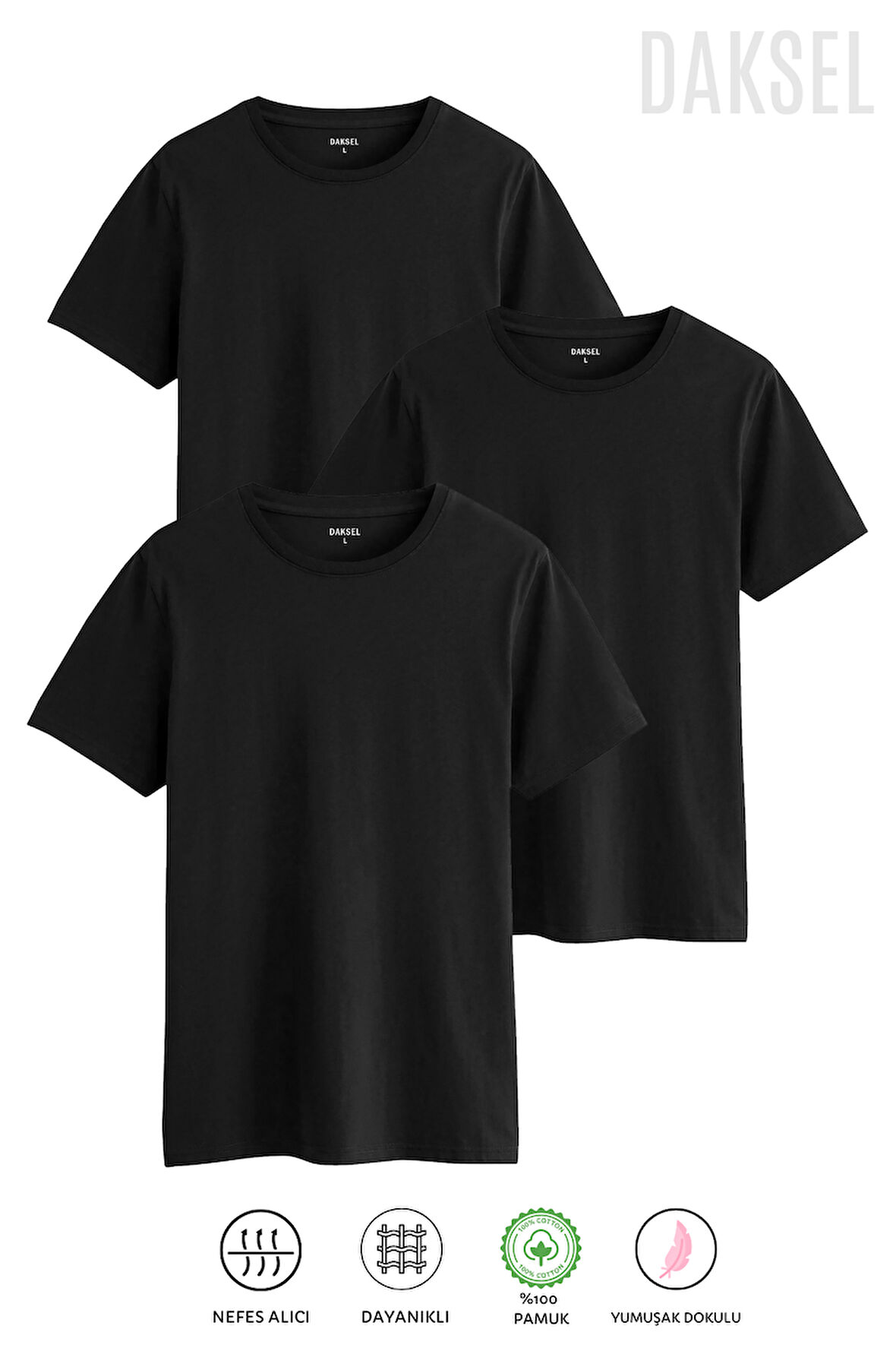 Erkek 3 Adet Siyah %100 Pamuk'lu 3'lü Relax Fit Kesim Daksel Tişört Paketi