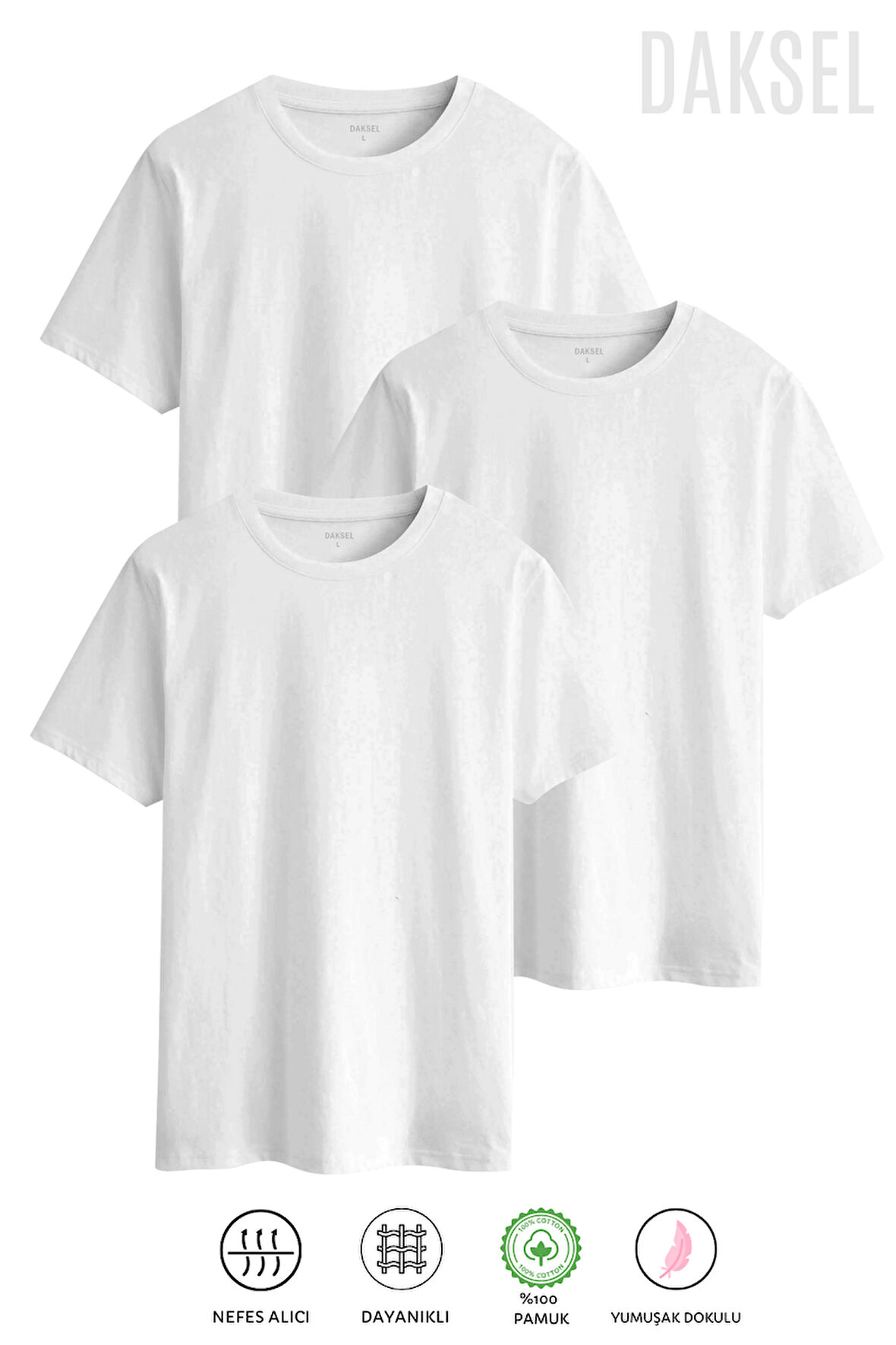 Erkek 3 Adet Beyaz %100 Pamuk'lu 3'lü Relax Fit Kesim Daksel Tişört Paketi