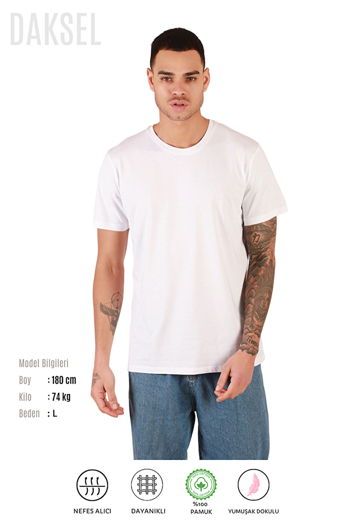 Erkek Beyaz %100 Pamuk'lu Relax Fit Kesim Bisiklet Yaka Basic Daksel Tişört