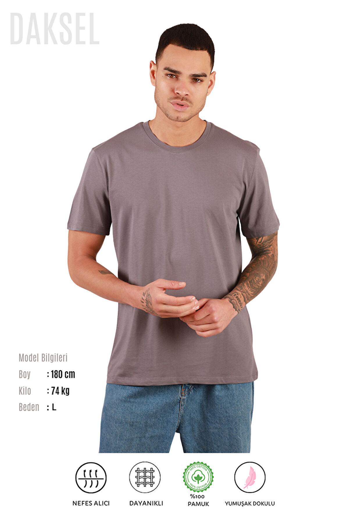 Erkek Füme %100 Pamuk'lu Relax Fit Kesim Bisiklet Yaka Basic Daksel Tişört