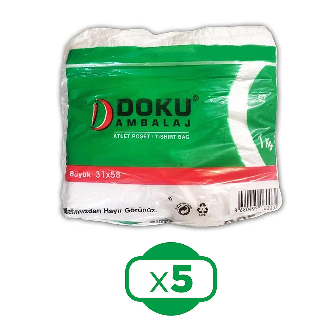 Doku Ambalaj Atlet Poşet 31x58 cm Büyük Boy 1 kg x 5 Adet (5 kg)