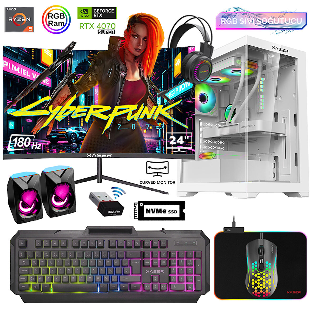 Xaser Xsr818 Ryzen 5 5600 16GB Ram 512GB M.2 NVMe SSD 12GB RTX4070 SUPER 24"Curved 180Hz Sıvı Soğutma Oyuncu Bilgisayarı