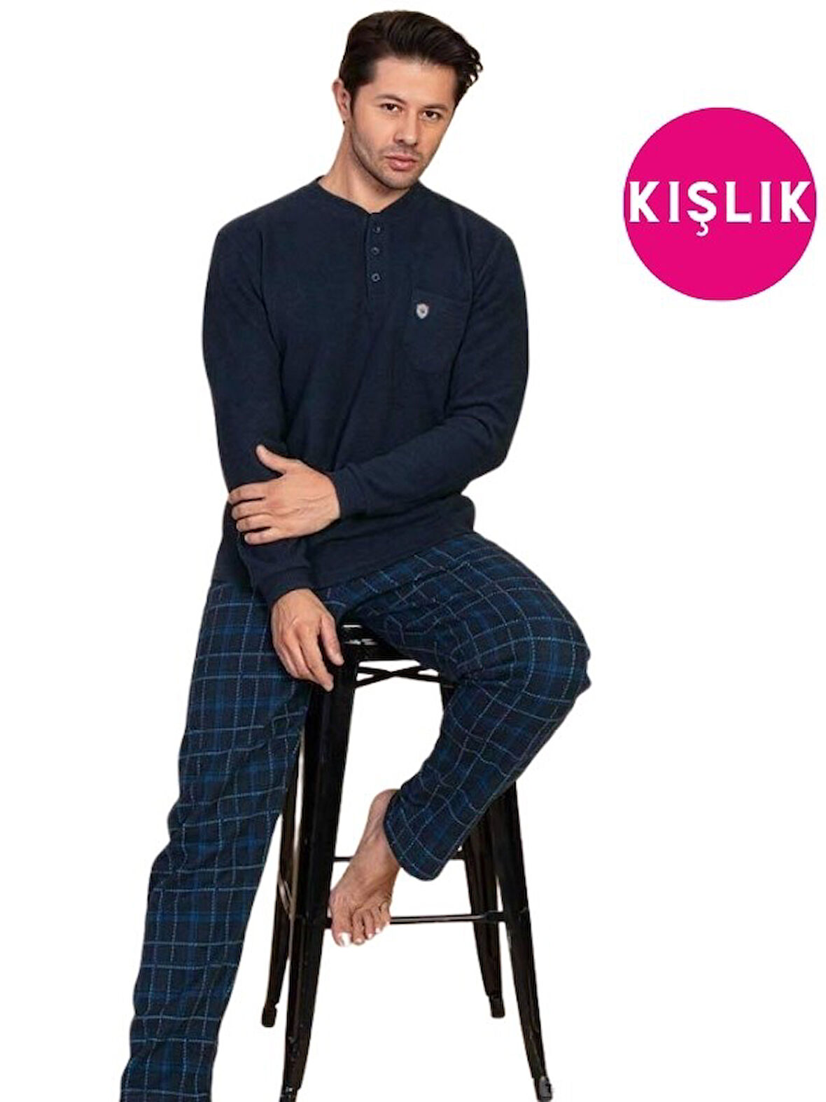 Guava Erkek 3 Düğme Uzun Kol Göğüs Cepli Selanik Kumaş Kışlık Cepli Pijama Takımı 