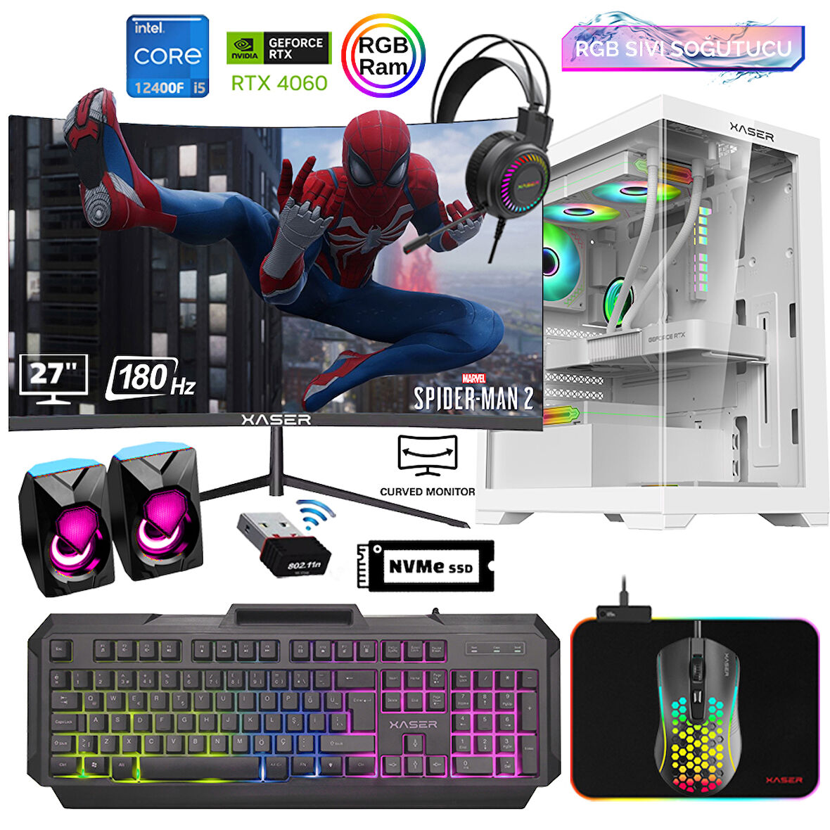 Xaser Xsr804 i5 12400F 16GB Ram 512GB M.2 NVMe SSD 8GB RTX4060 27"Curved 180Hz Sıvı Soğutma Oyuncu Bilgisayarı