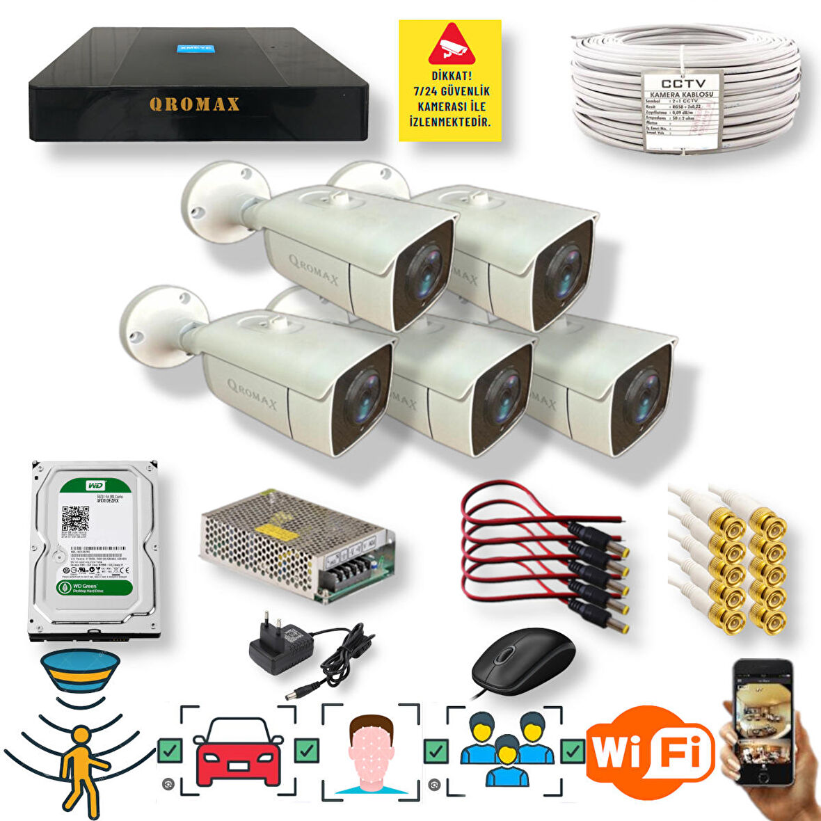 5 Kamerali Set - Araç İnsan Yüz Hareket Algılayan 24 Smd Led 5MP Sony Lensli 1080P Metal Kasa Güvenlik Kamerasi Seti 6224