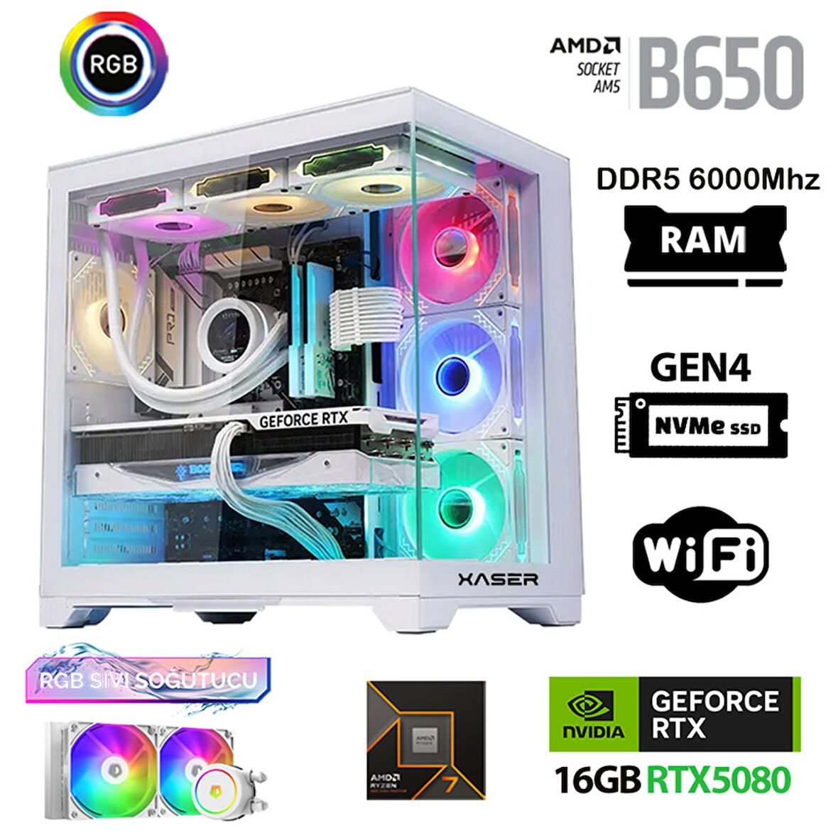 Xaser Velox x200 Ryzen 7 7700 64GB DDR5 Ram 2TB M.2 NVMe SSD 16GB RTX5080 Masaüstü Oyuncu Bilgisayarı