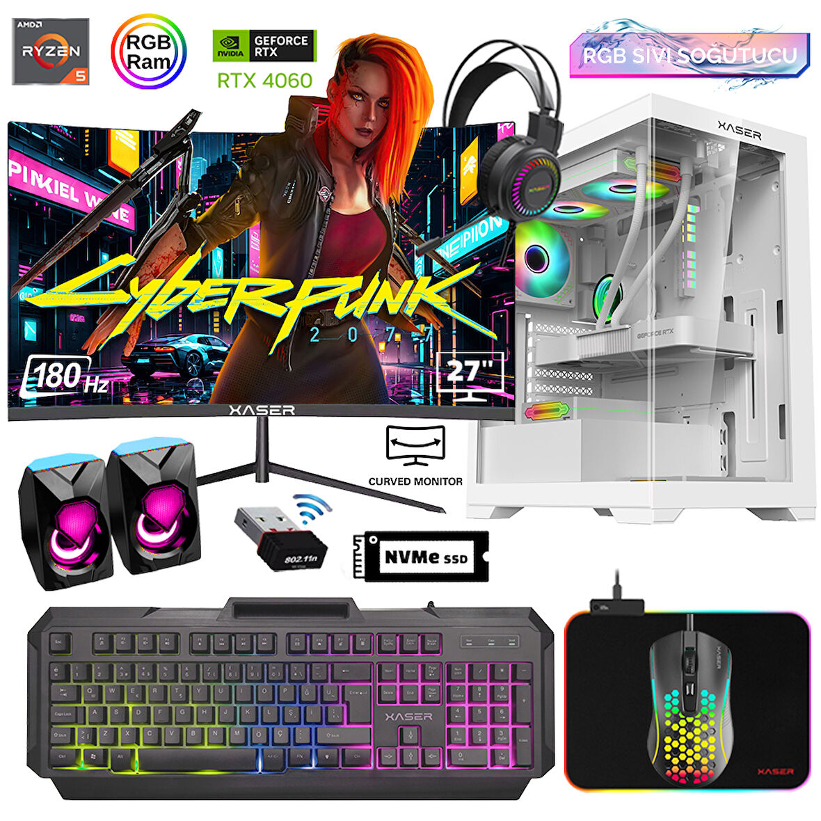 Xaser Xsr816 Ryzen 5 5600 16GB Ram 512GB M.2 NVMe SSD 8GB RTX4060 27"Curved 180Hz Sıvı Soğutma Oyuncu Bilgisayarı