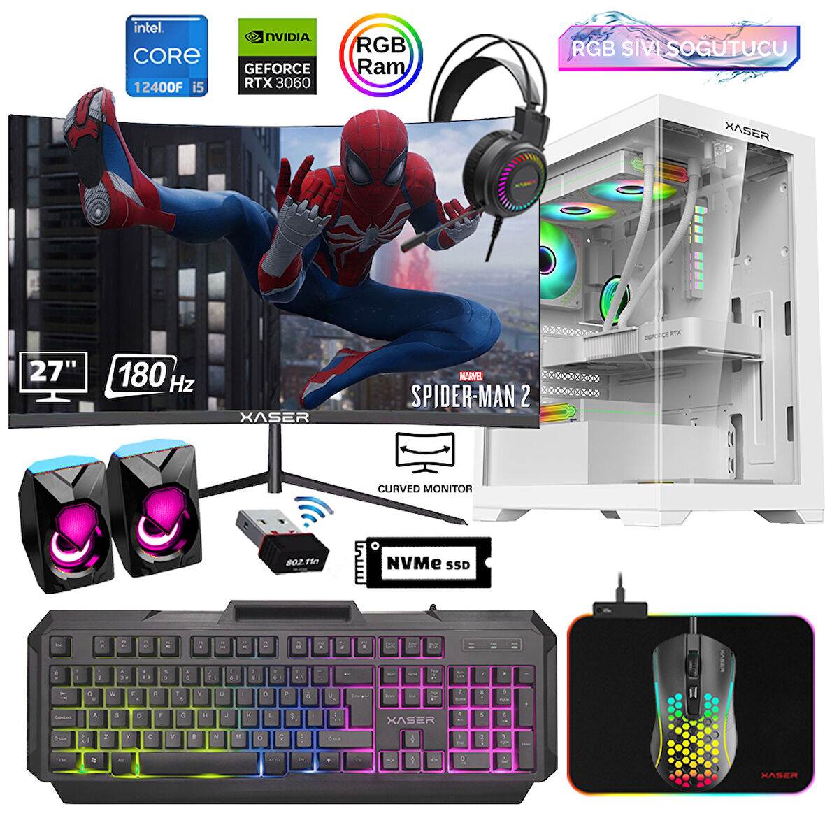 Xaser Xsr801 i5 12400F 16GB Ram 512GB M.2 NVMe SSD 12GB RTX3060 27"Curved 180Hz Sıvı Soğutma Oyuncu Bilgisayarı