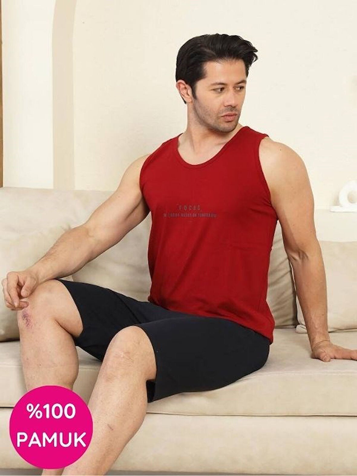 Erkek Bisiklet Yaka Düğmesiz %100 Pamuk Atlet Sporcu Kol Cepli Şortlu Pijama Takımı