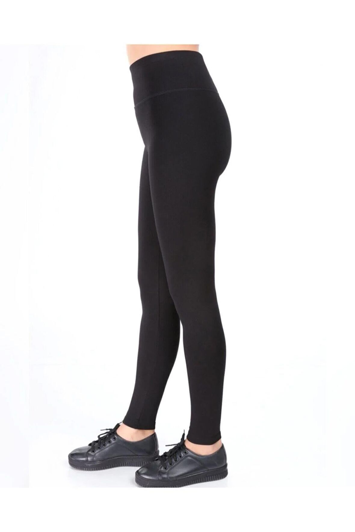 Siyah Geniş Kemer Çelik Örme Uzun Kadın Tayt