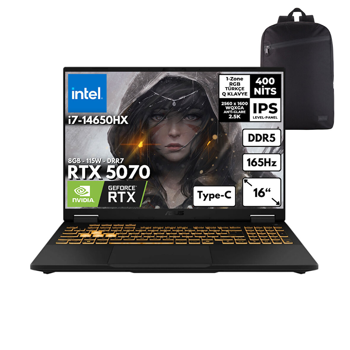 Asus Tuf F16 I7-14650HX 16-GBDDR5 2 TBSSD RTX5070 (8GB-115W-GDRR7) 16" WQXGA 165Hz Windows 10 Home + HMF Sırt Çantası FX608JPR-QT070HMF62