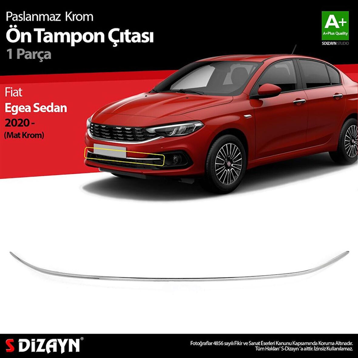 S-Dizayn Fiat Egea Sedan Krom Ön Tampon Çıtası 2020 Üzeri (Mat Krom)